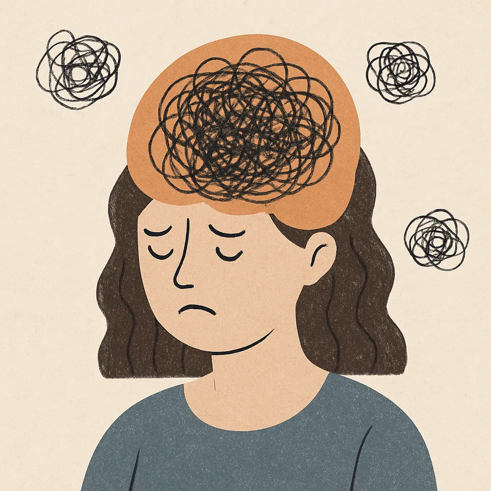 Ilustração de uma pessoa com muitos pensamentos emaranhados na cabeça.